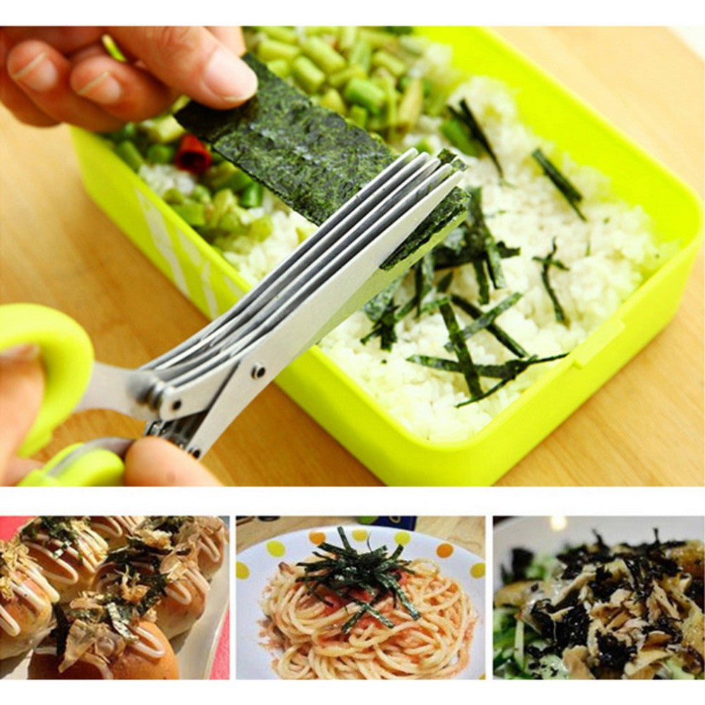 Multi-functional Stainless Steel Kitchen Knives 5 Layers Scissors Sushi Shredded Scallion Cut Herb Spices Scissors Cooking Tools