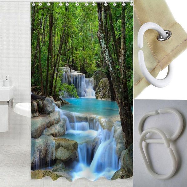 Shower Curtain Wonders Waterfalls Nature Scenery Bathroom Mildewproof Polyester Fabric With Fabric 72 Inch +12 Hooks