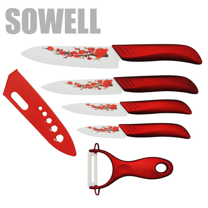 SOWELL brand high quality ceramic knife set cooking tools 3 4 5 6 inch Kitchen Knives with red flower covers kitchen knives